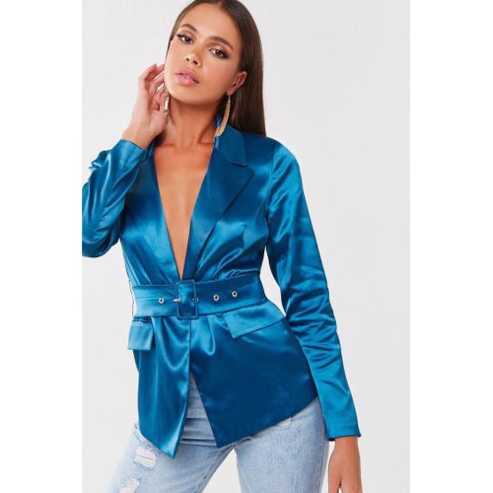 💙 Blue Satin Belted Blazer